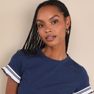 Sweet Score Navy Blue Ruffled Short Sleeve Crop Top